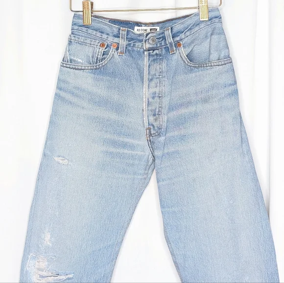 Re/Done Levi's High Rise Stove Pipe Jeans Denim Indigo Cotton Raw Hem - Picture 2 of 12